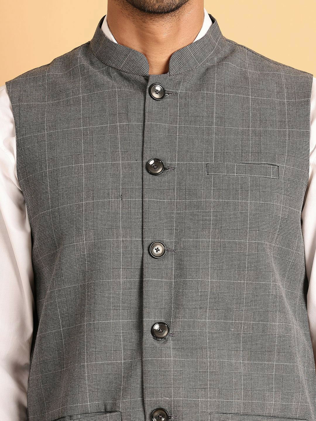 Grey Checked Pure Cotton Nehru Jacket for Men | indiaista