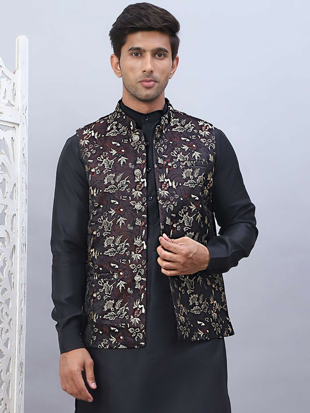 Men’s Maroon Embossed Nehru Jacket – Silk Blend, Sleeveless Design