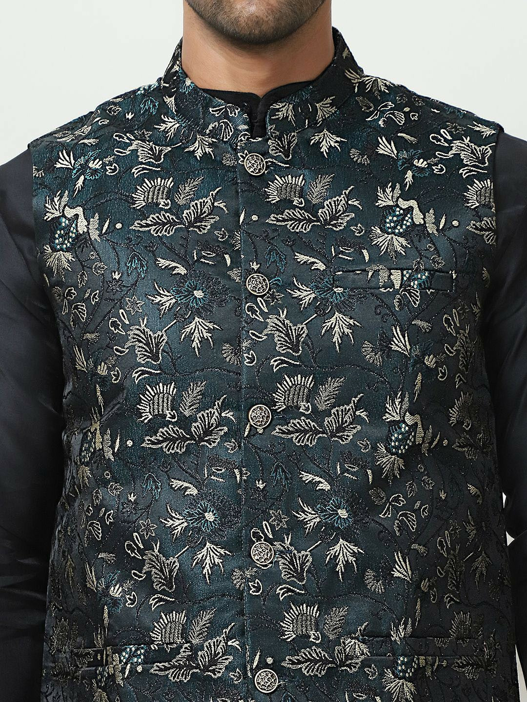 Teal & Beige Printed Embroidered Nehru Jacket for Men – Silk Blend