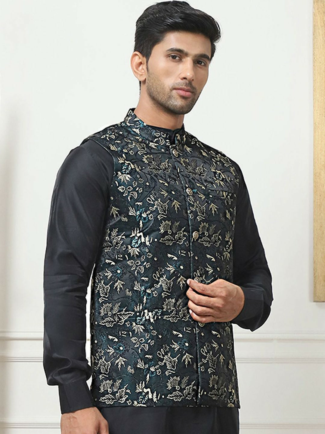 Teal & Beige Printed Embroidered Nehru Jacket for Men – Silk Blend
