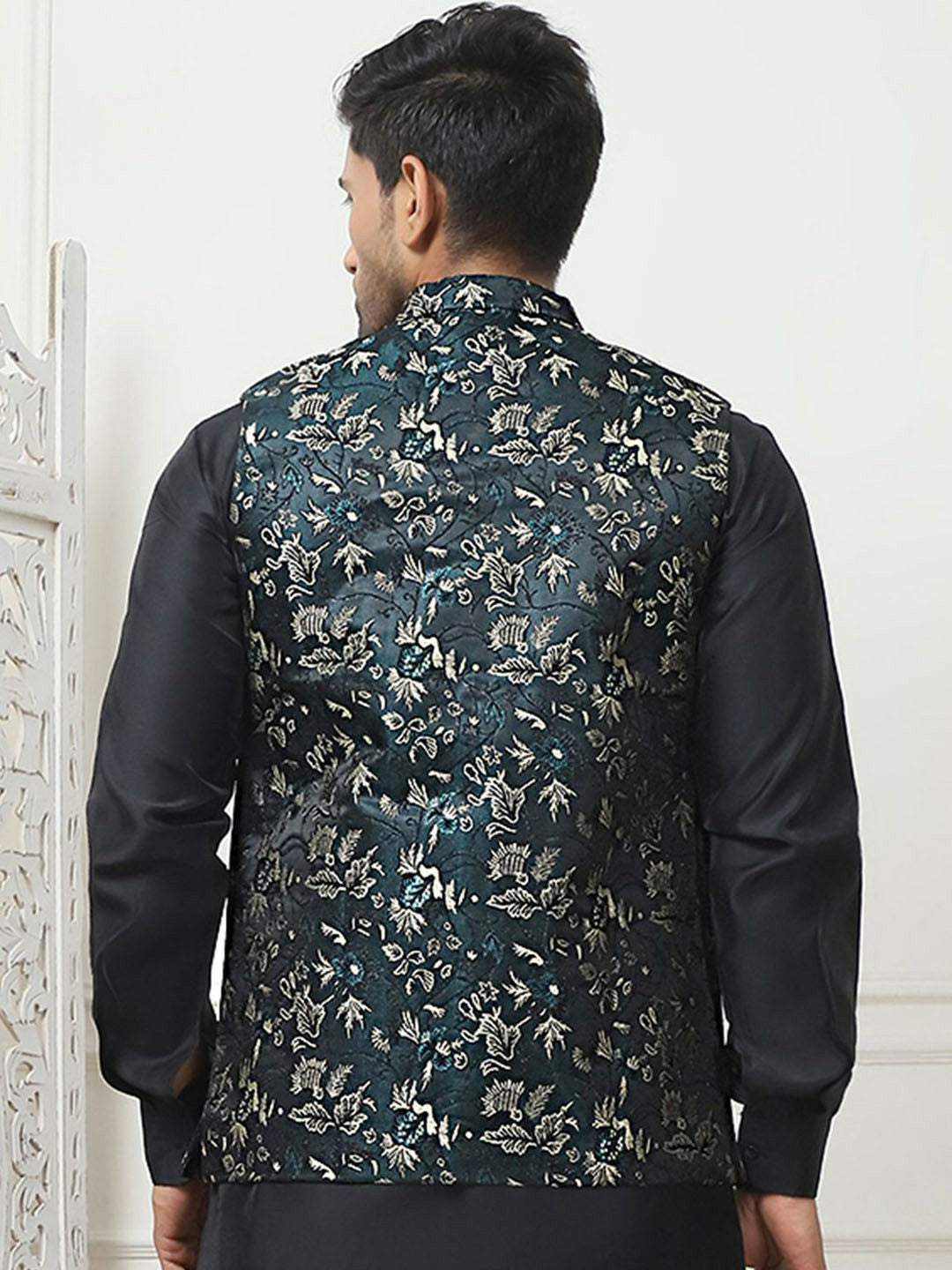 Teal & Beige Printed Embroidered Nehru Jacket for Men – Silk Blend