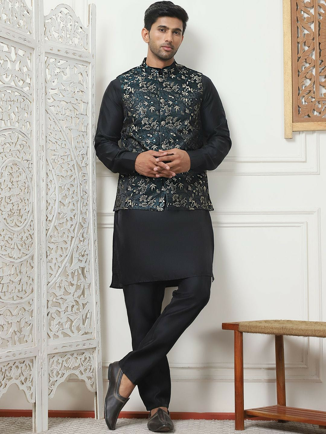 Teal & Beige Printed Embroidered Nehru Jacket for Men – Silk Blend