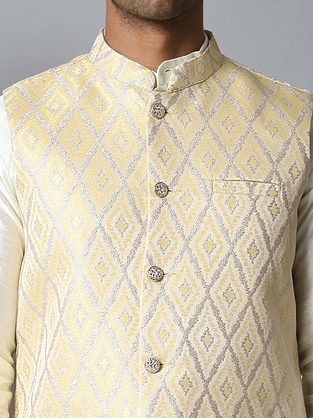 Men’s Yellow Embossed Silk Blend Nehru Jacket – Festive Sleeveless Style