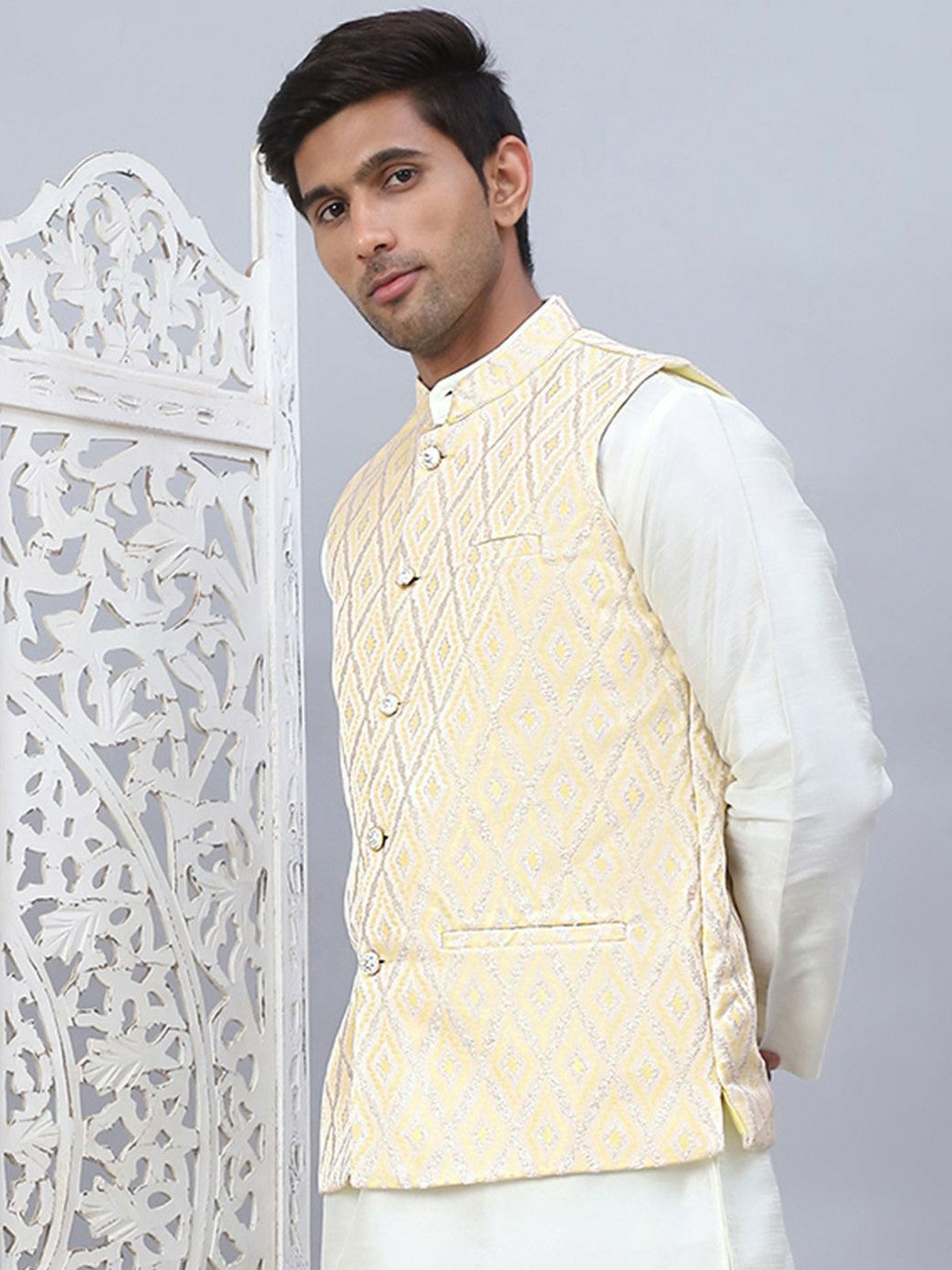 Men’s Yellow Embossed Silk Blend Nehru Jacket – Festive Sleeveless Style