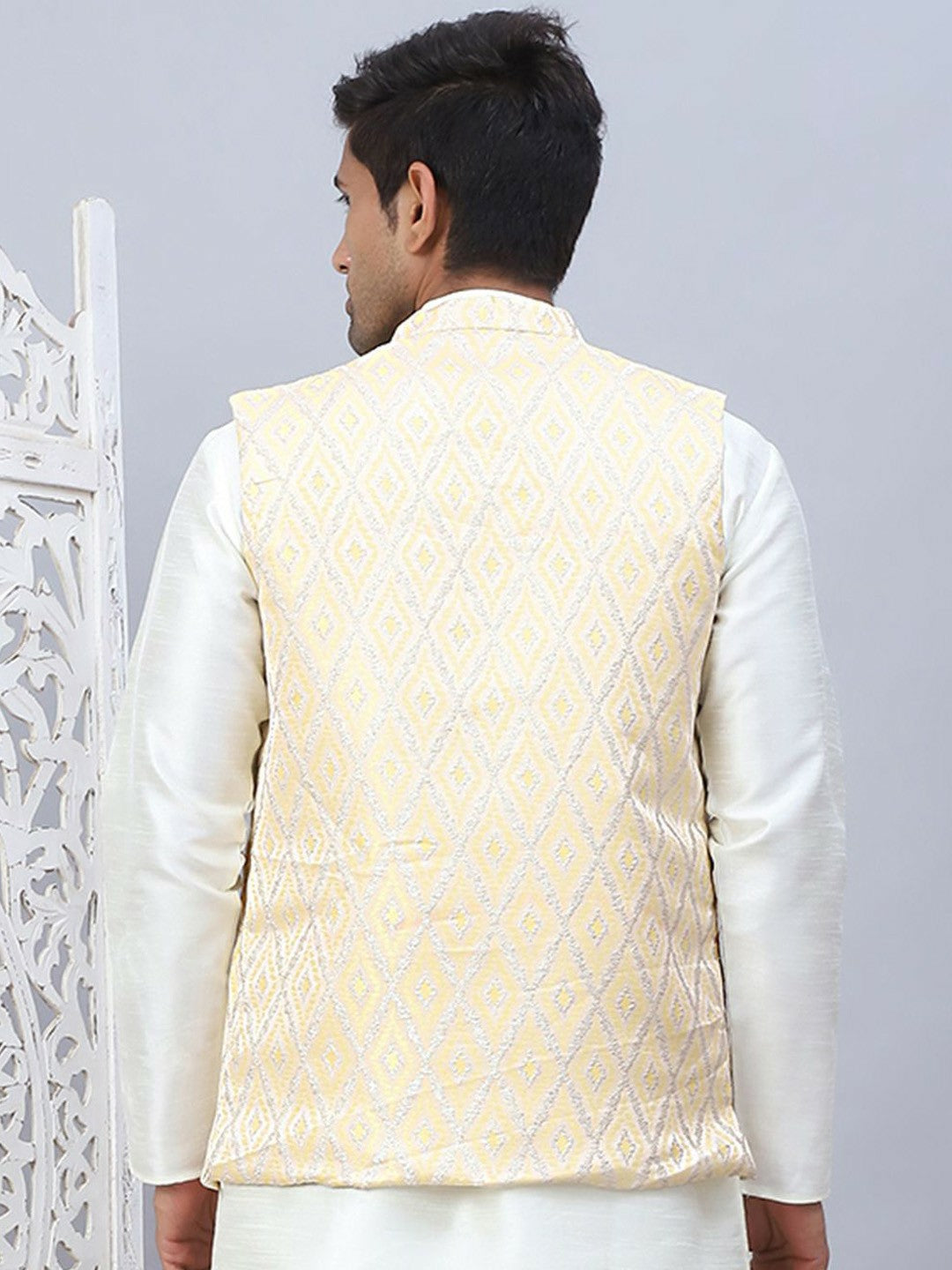Men’s Yellow Embossed Silk Blend Nehru Jacket – Festive Sleeveless Style