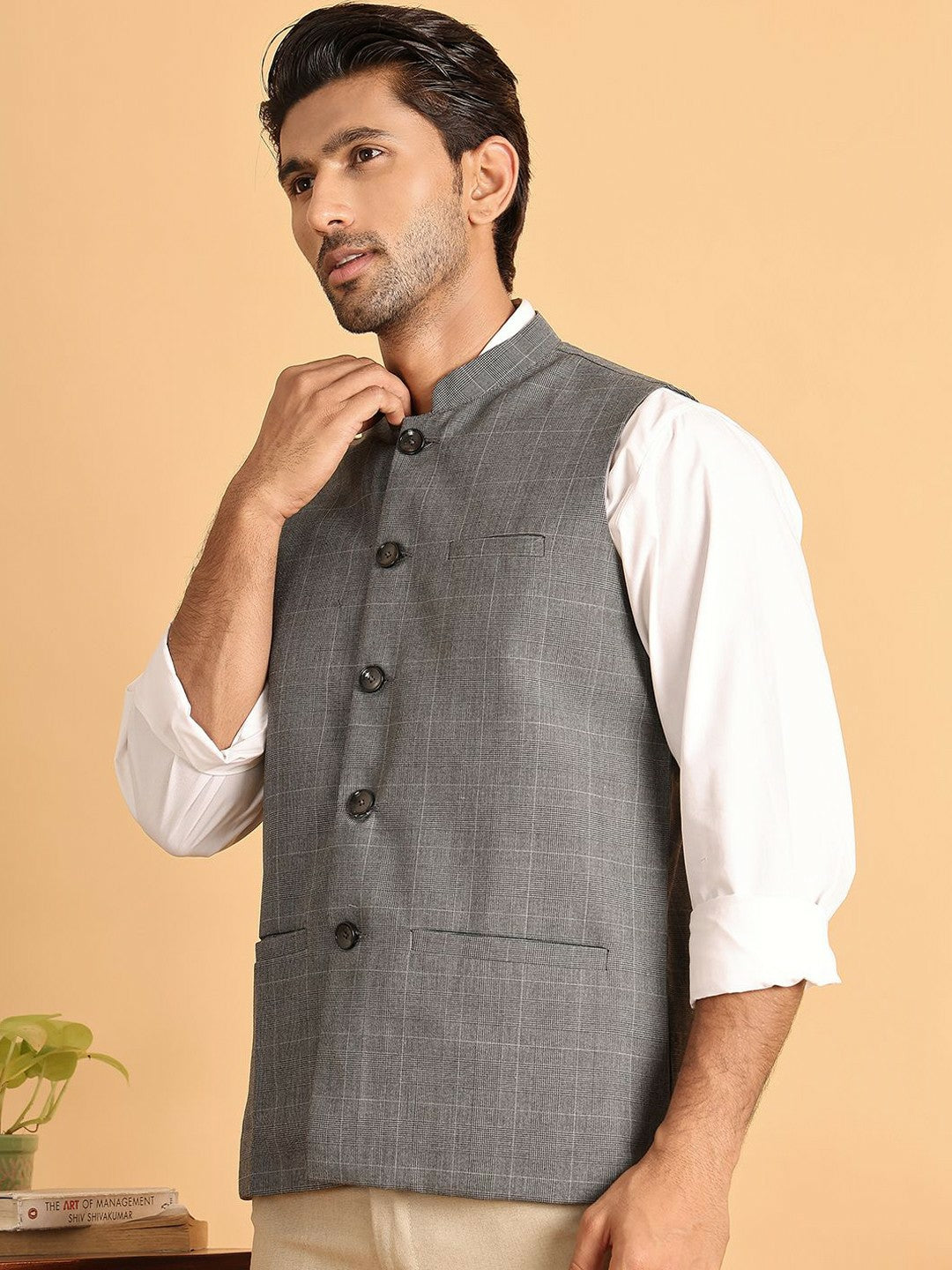Grey Checked Pure Cotton Nehru Jacket for Men | indiaista