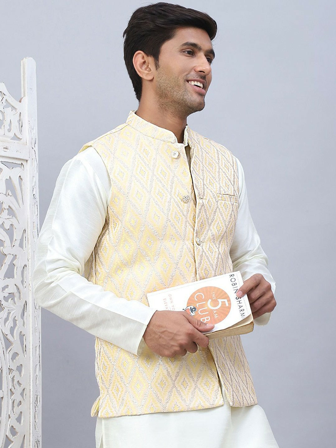 Men’s Yellow Embossed Silk Blend Nehru Jacket – Festive Sleeveless Style