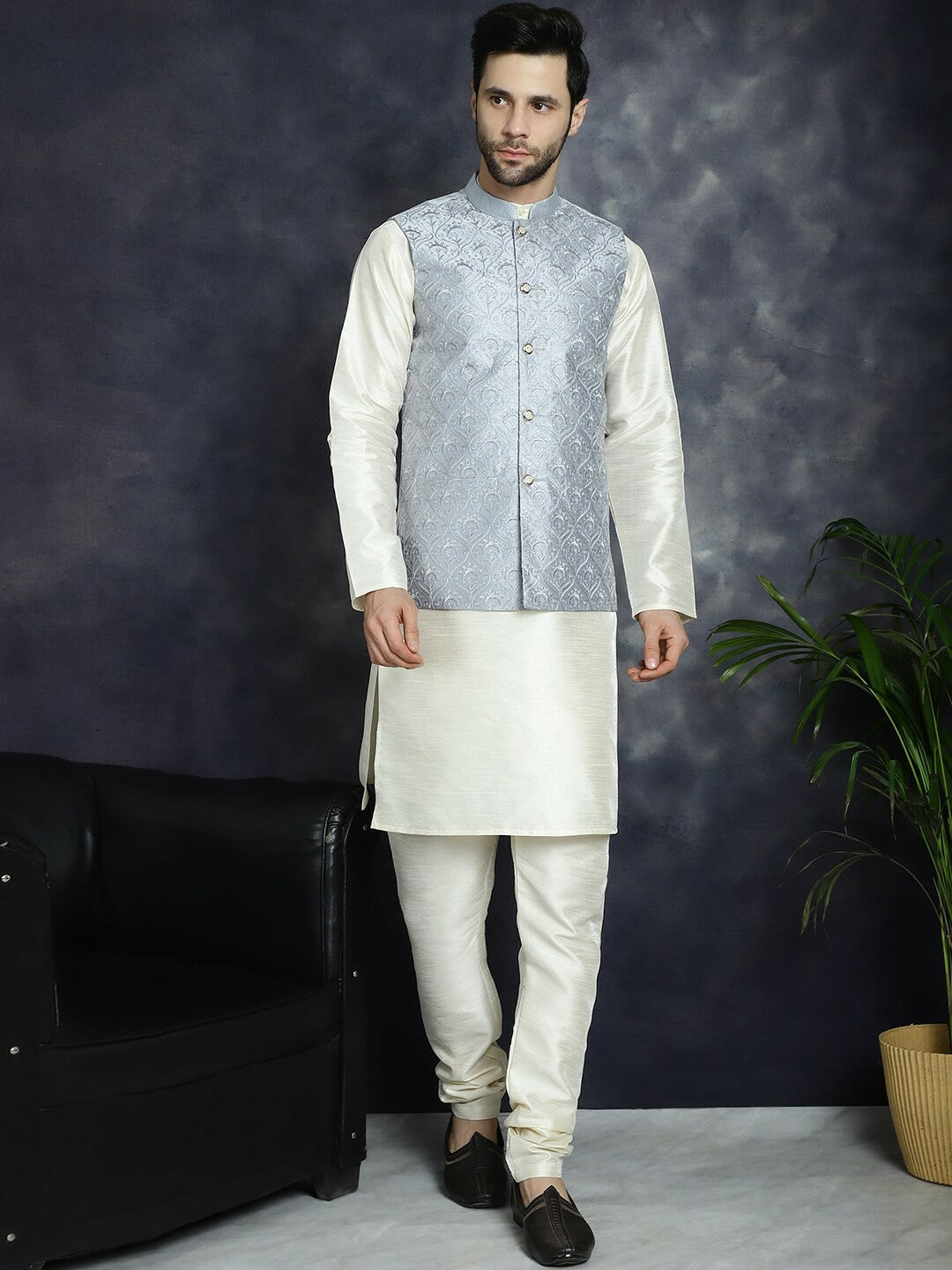 Men’s Grey Sequin Embroidered Nehru Jacket – Satin Silk Sleeveless Festive Wear