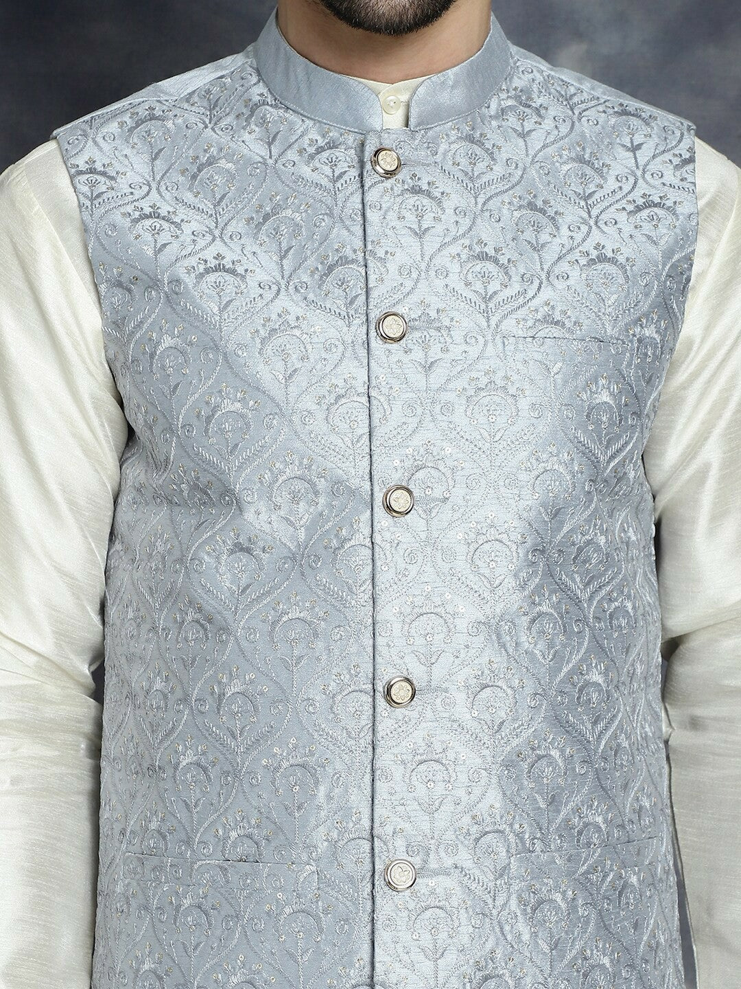 Men’s Grey Sequin Embroidered Nehru Jacket – Satin Silk Sleeveless Festive Wear