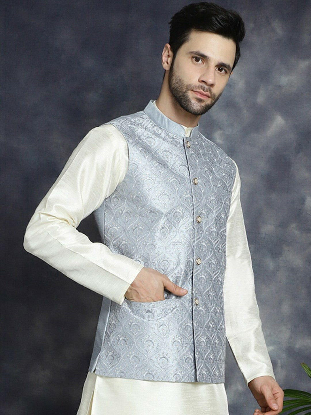 Men’s Grey Sequin Embroidered Nehru Jacket – Satin Silk Sleeveless Festive Wear