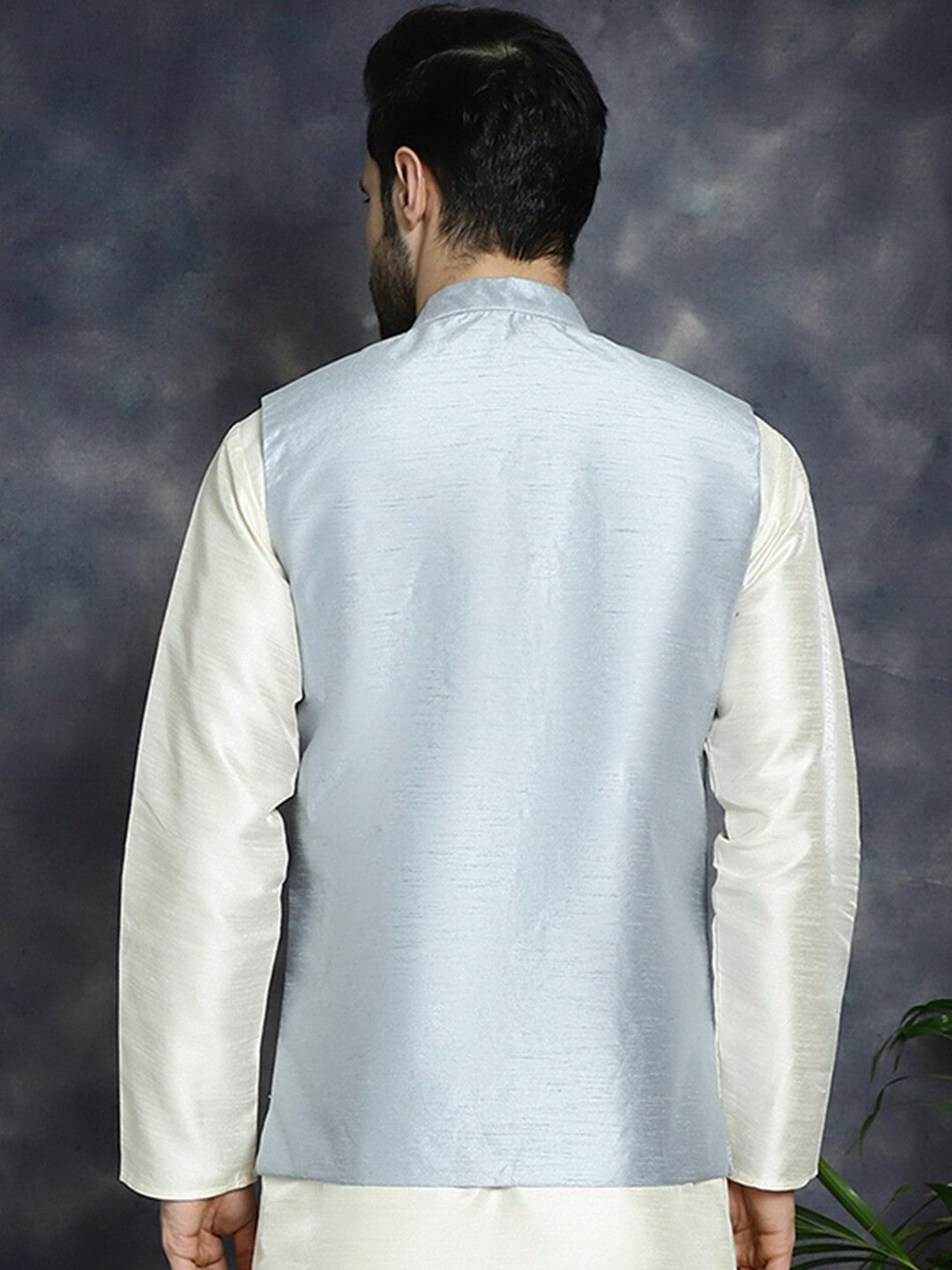 Men’s Grey Sequin Embroidered Nehru Jacket – Satin Silk Sleeveless Festive Wear
