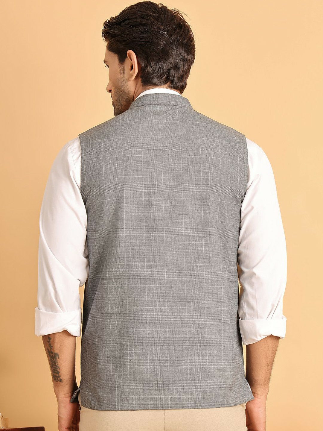 Grey Checked Pure Cotton Nehru Jacket for Men | indiaista