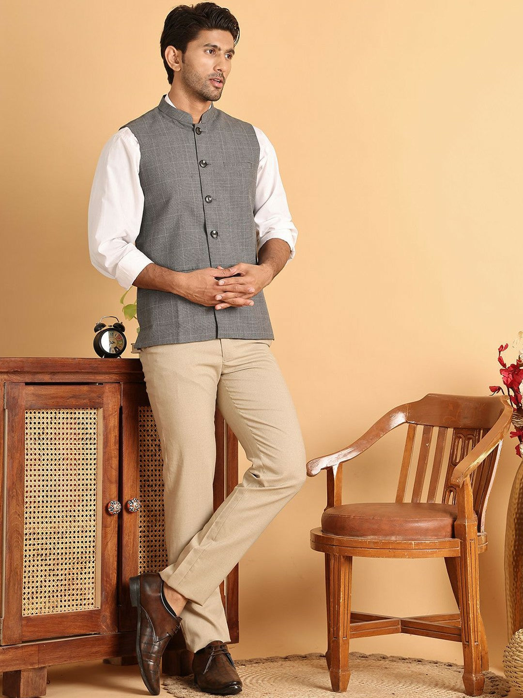 Grey Checked Pure Cotton Nehru Jacket for Men | indiaista