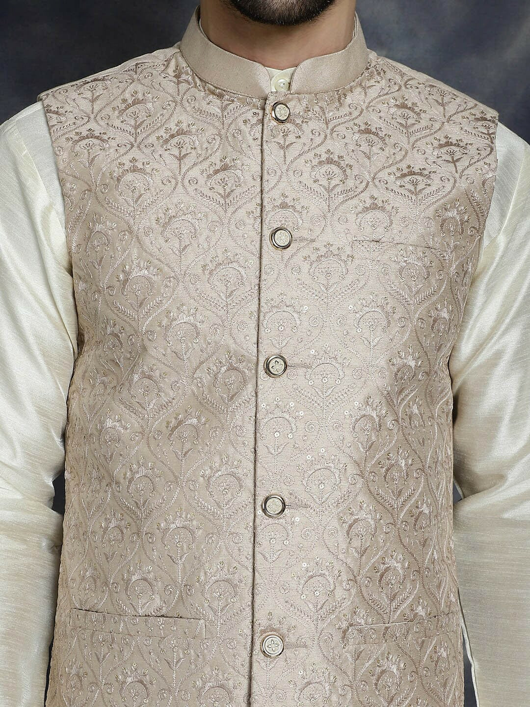 Men’s Peach Embroidered Nehru Jacket – Sequinned Silk Blend Ethnic Wear