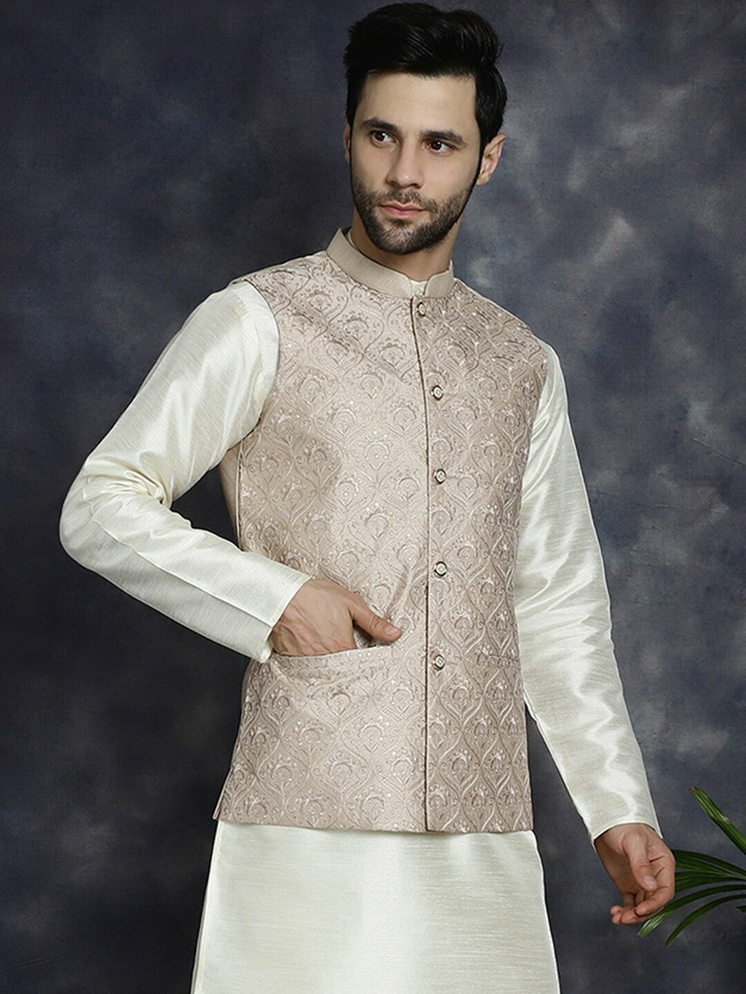 Men’s Peach Embroidered Nehru Jacket – Sequinned Silk Blend Ethnic Wear
