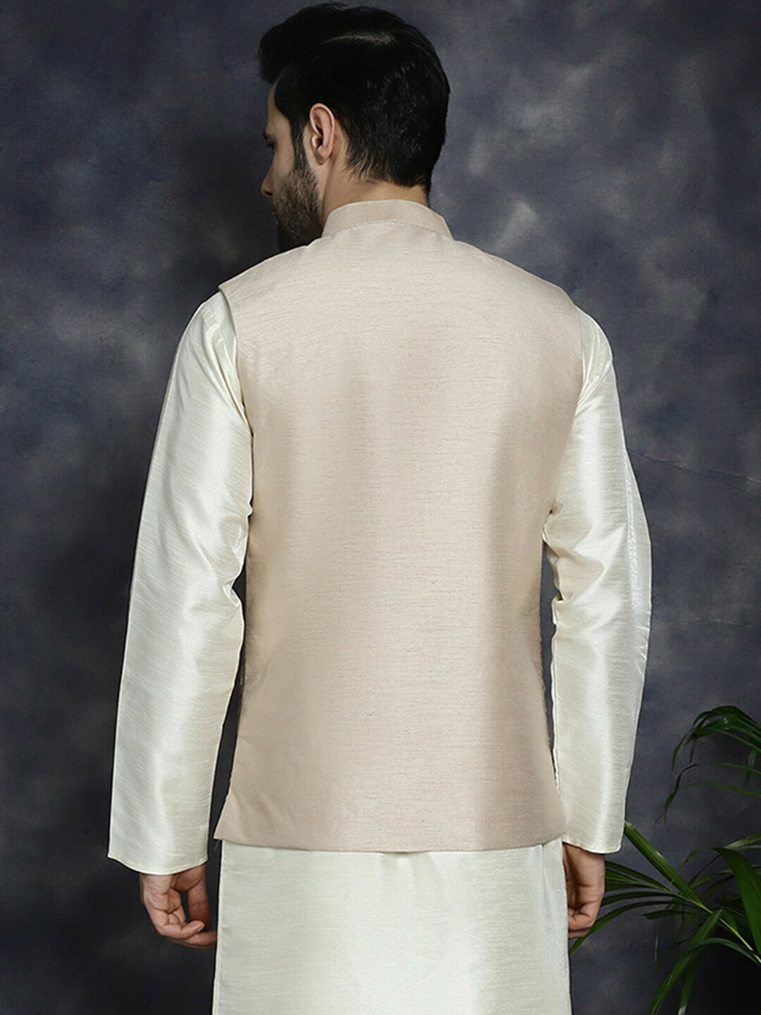 Men’s Peach Embroidered Nehru Jacket – Sequinned Silk Blend Ethnic Wear