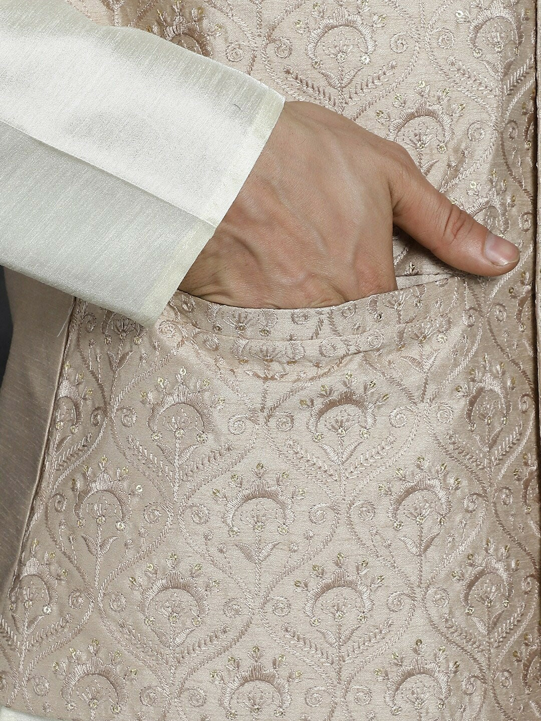 Men’s Peach Embroidered Nehru Jacket – Sequinned Silk Blend Ethnic Wear