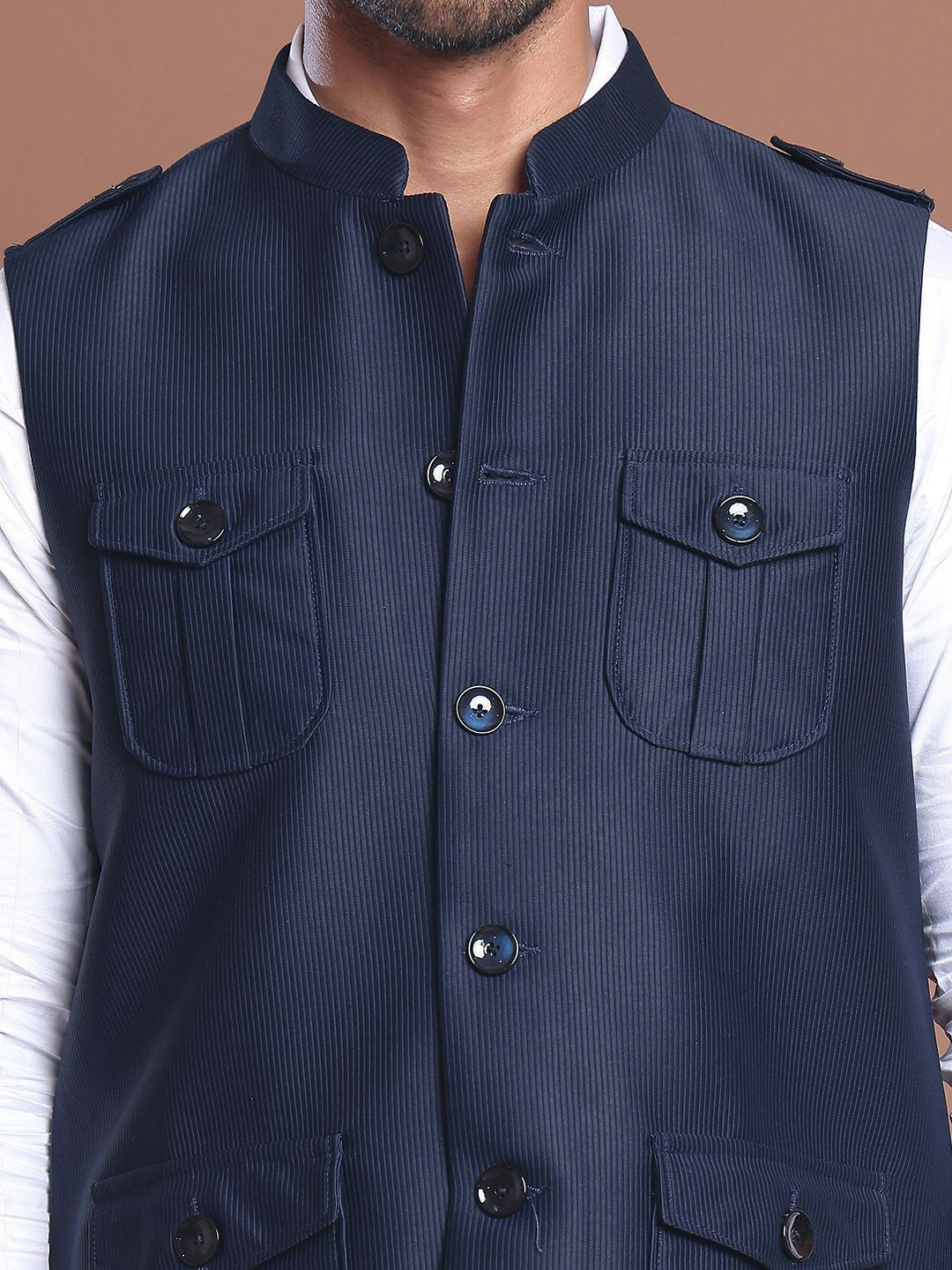 Men’s Navy Blue Solid Velvet Nehru Jacket – Mandarin Collar & 4 Pockets