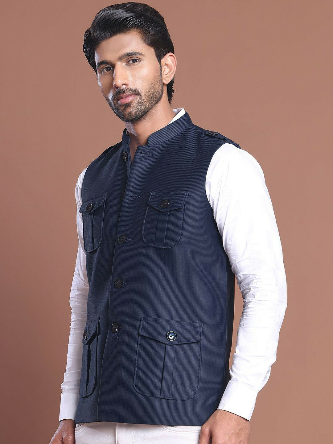 Men’s Navy Blue Solid Velvet Nehru Jacket – Mandarin Collar & 4 Pockets