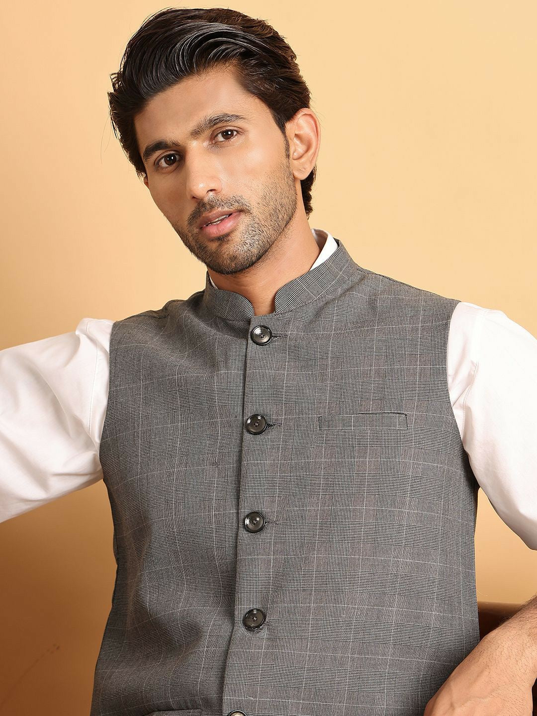 Grey Checked Pure Cotton Nehru Jacket for Men | indiaista