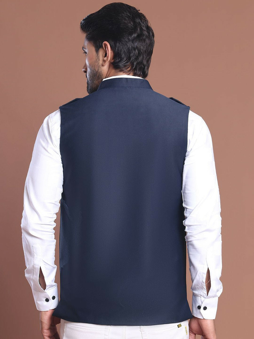 Men’s Navy Blue Solid Velvet Nehru Jacket – Mandarin Collar & 4 Pockets