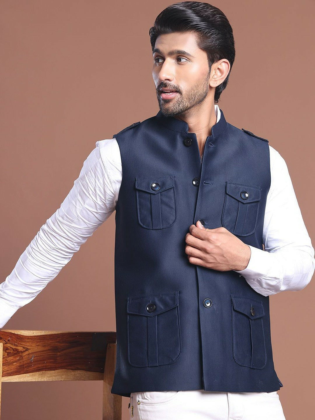Men’s Navy Blue Solid Velvet Nehru Jacket – Mandarin Collar & 4 Pockets