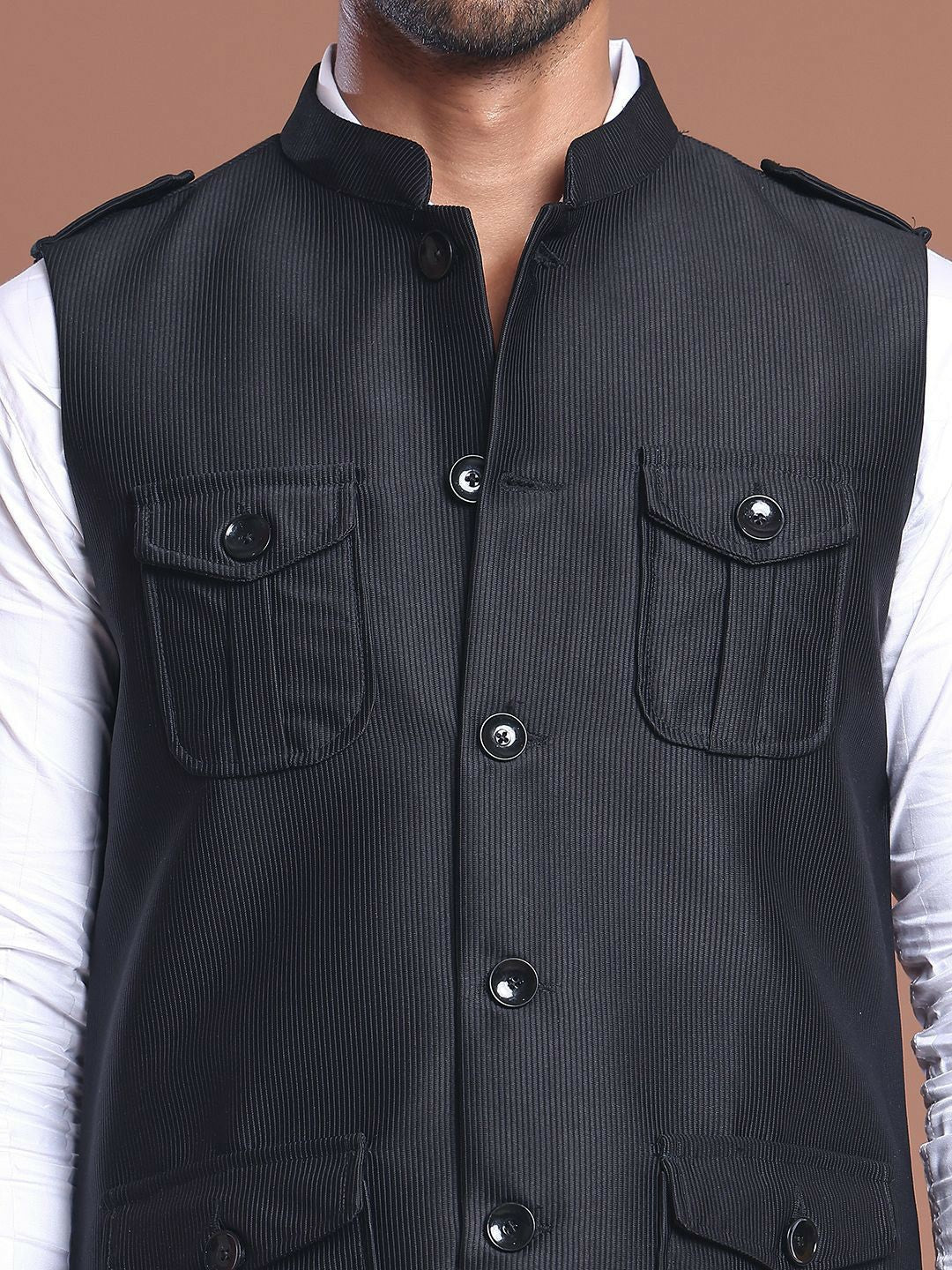 Men’s Black Textured Nehru Jacket – Mandarin Collar & 4 Pocket Design