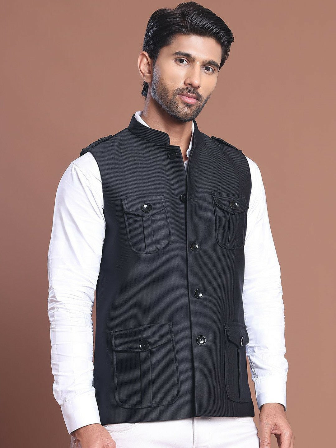Men’s Black Textured Nehru Jacket – Mandarin Collar & 4 Pocket Design