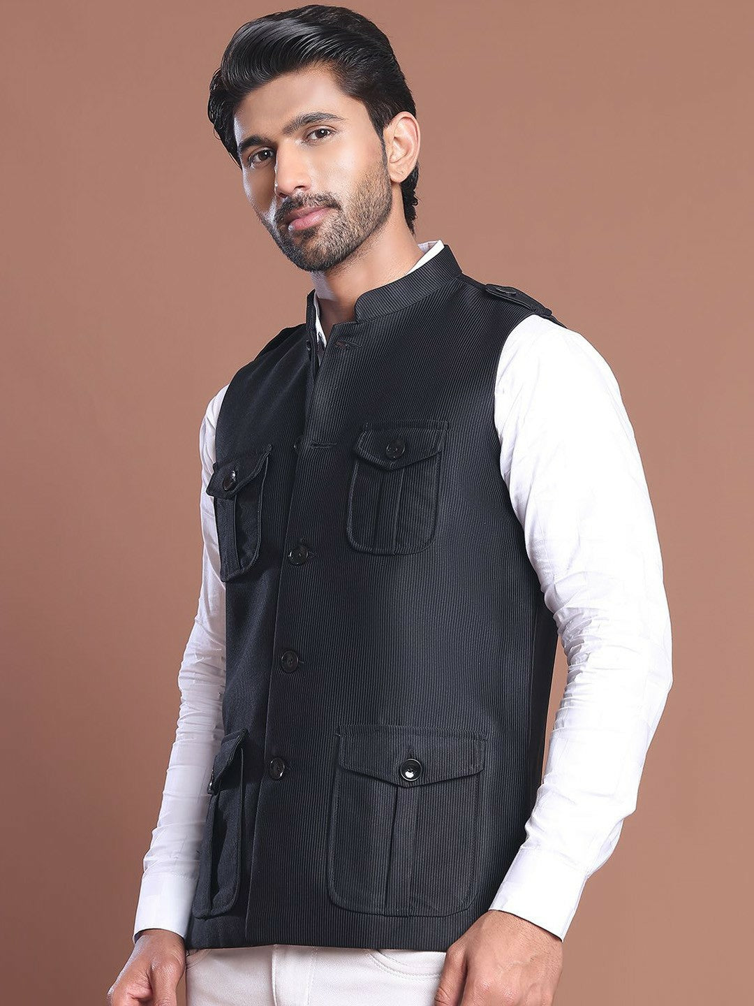 Men’s Black Textured Nehru Jacket – Mandarin Collar & 4 Pocket Design
