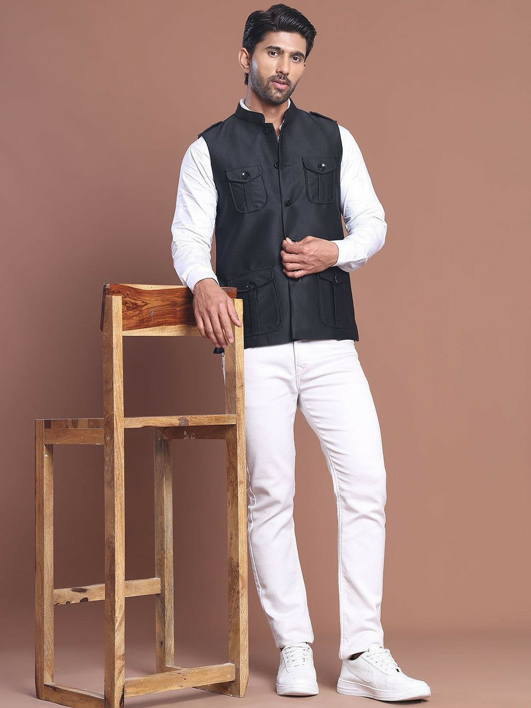 Men’s Black Textured Nehru Jacket – Mandarin Collar & 4 Pocket Design