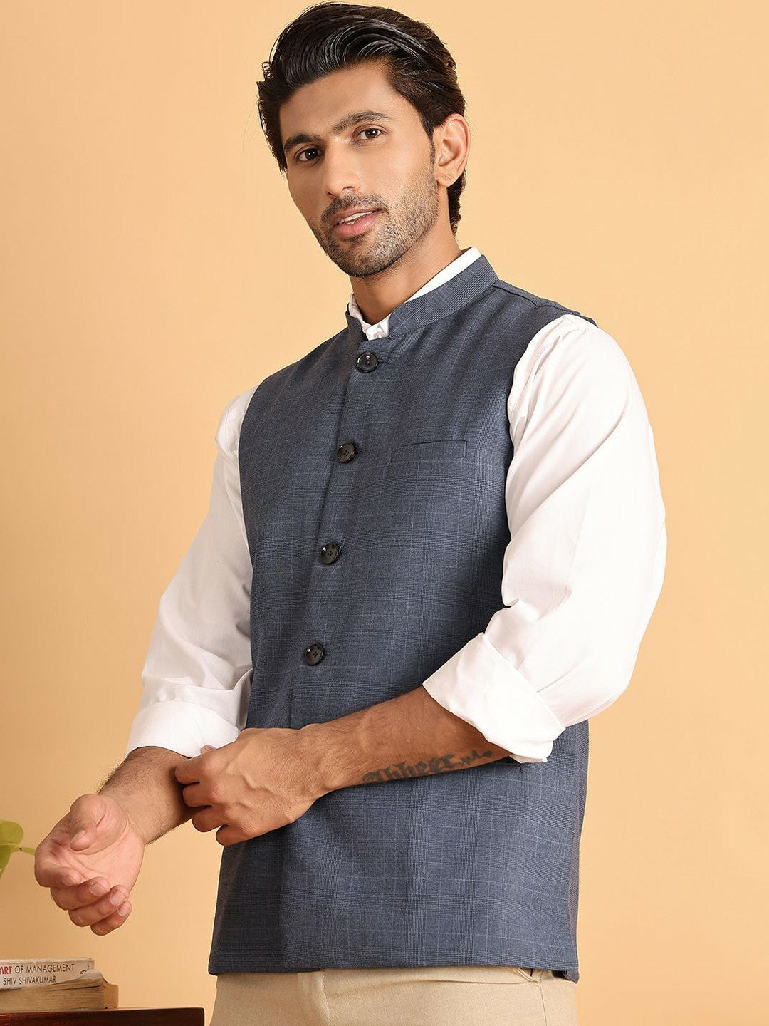 Refined Blue Check Nehru Jacket in Cotton for Men | Indiaista