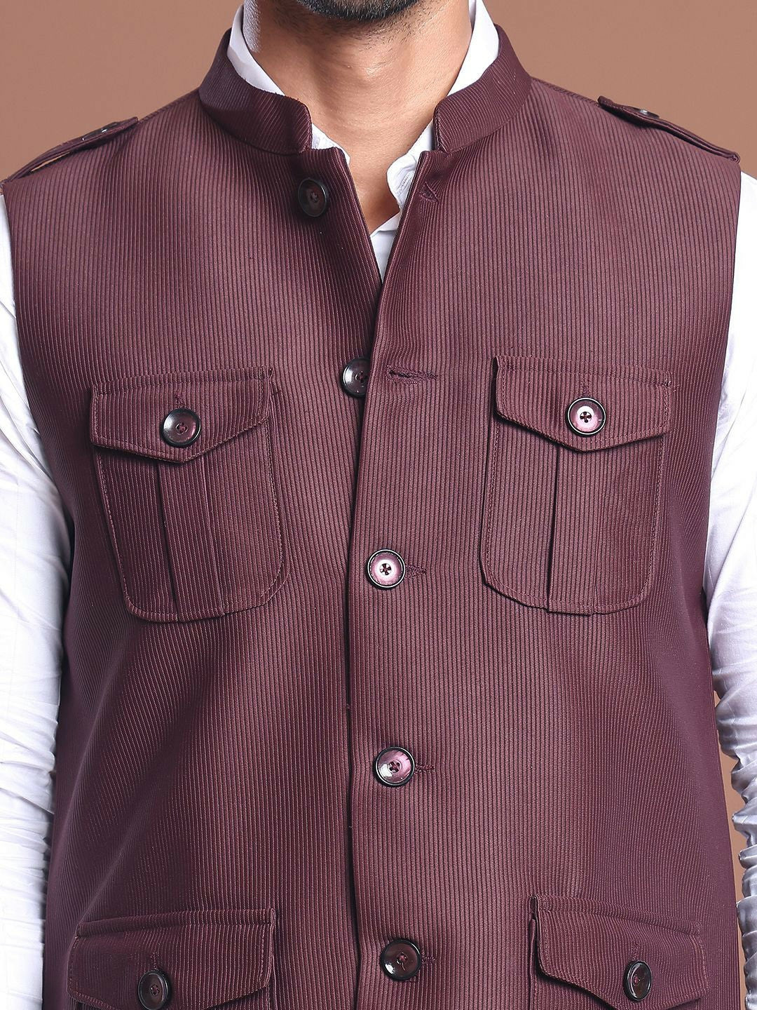 Men’s Maroon Solid Nehru Jacket with 4 Pockets