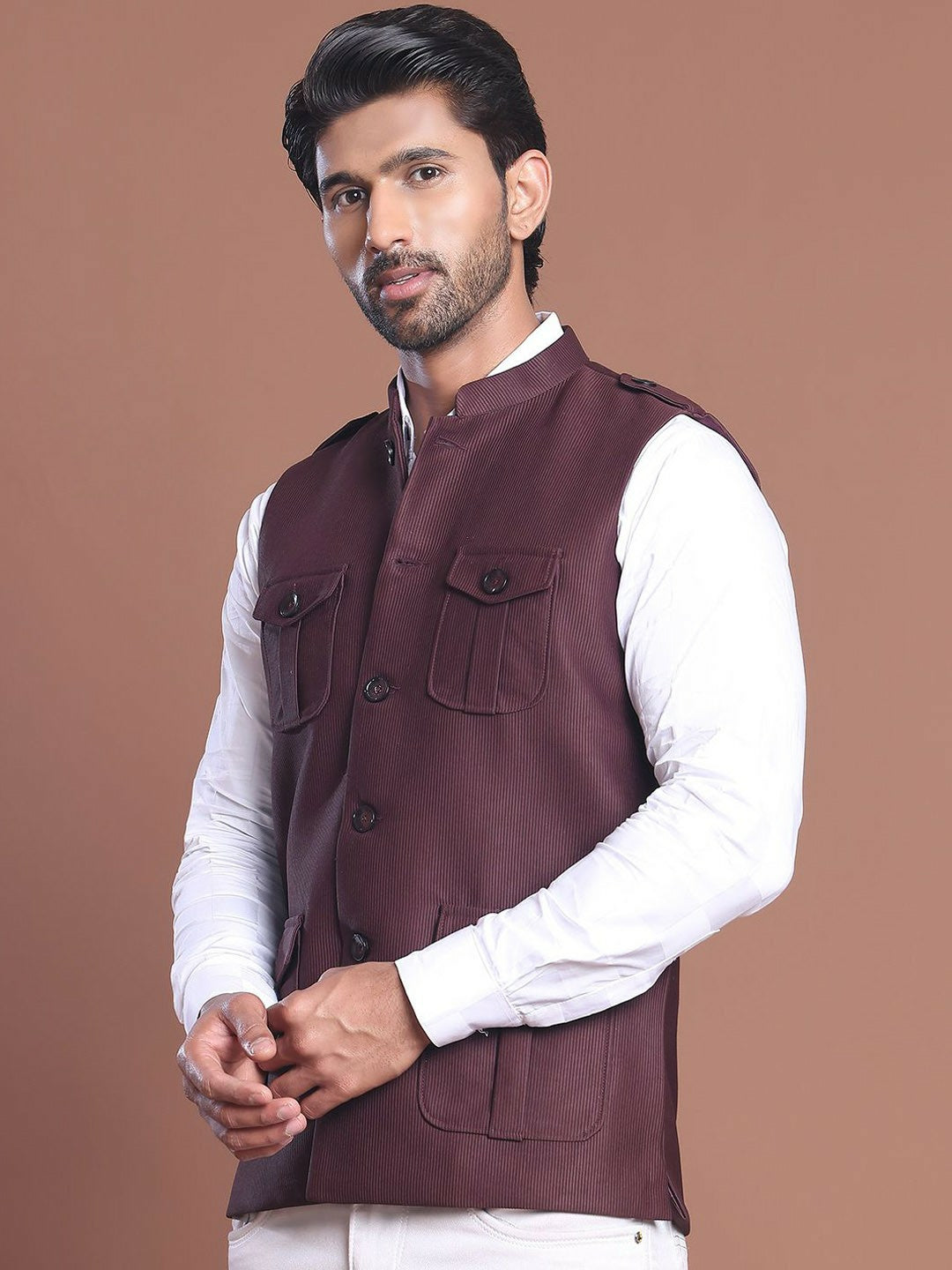 Men’s Maroon Solid Nehru Jacket with 4 Pockets
