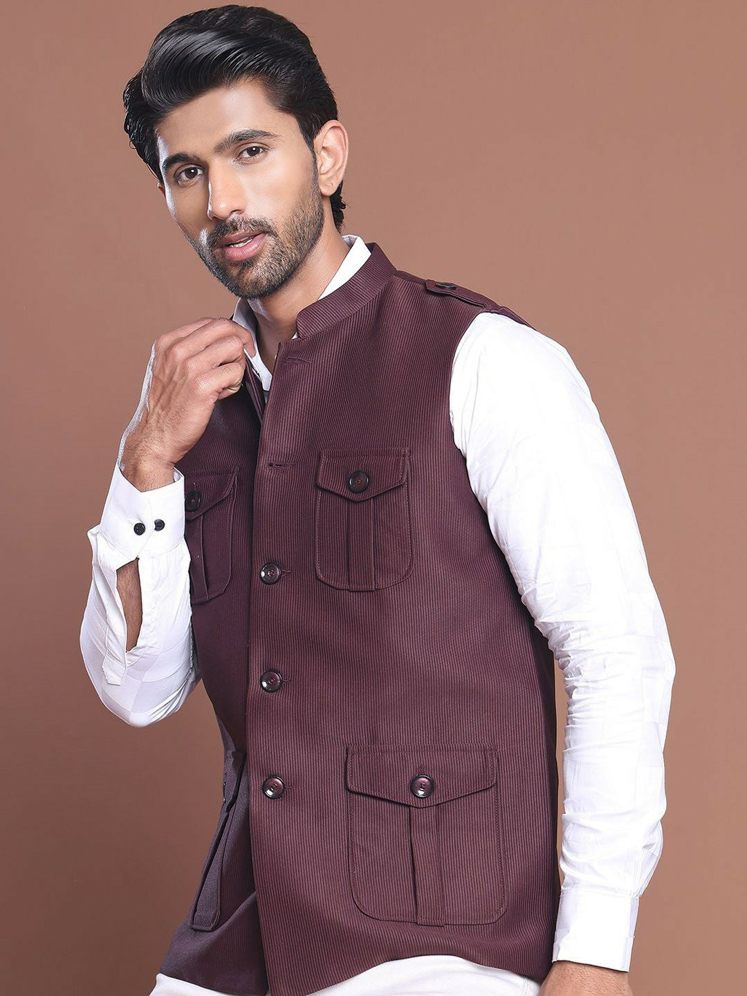 Men’s Maroon Solid Nehru Jacket with 4 Pockets