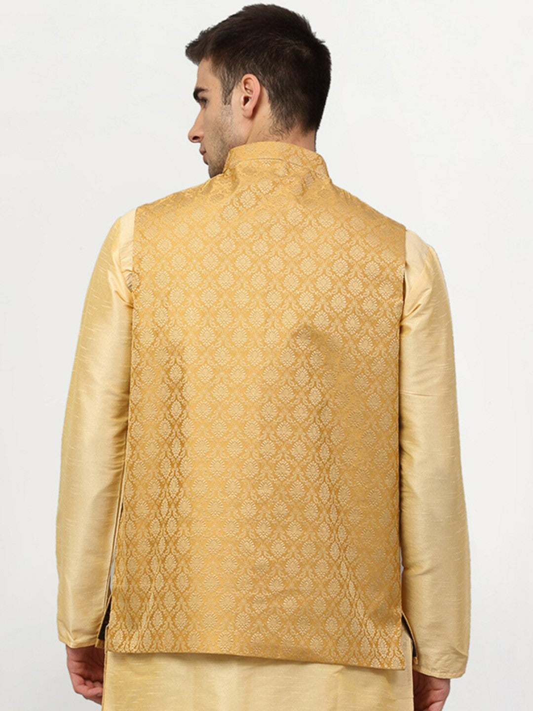Men’s Gold Woven Design Nehru Jacket with Pocket Square