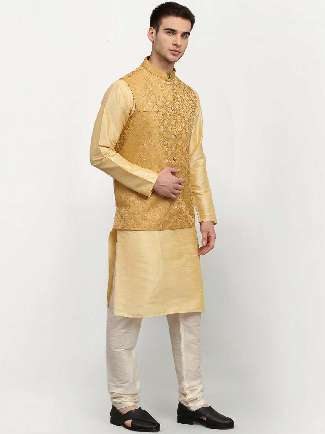 Men’s Gold Woven Design Nehru Jacket with Pocket Square