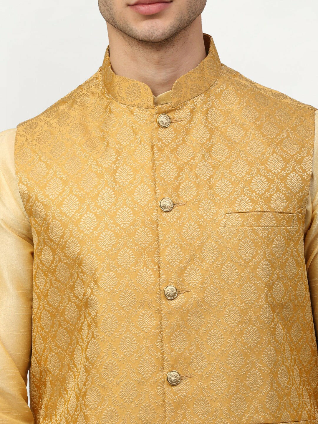 Men’s Gold Woven Design Nehru Jacket with Pocket Square