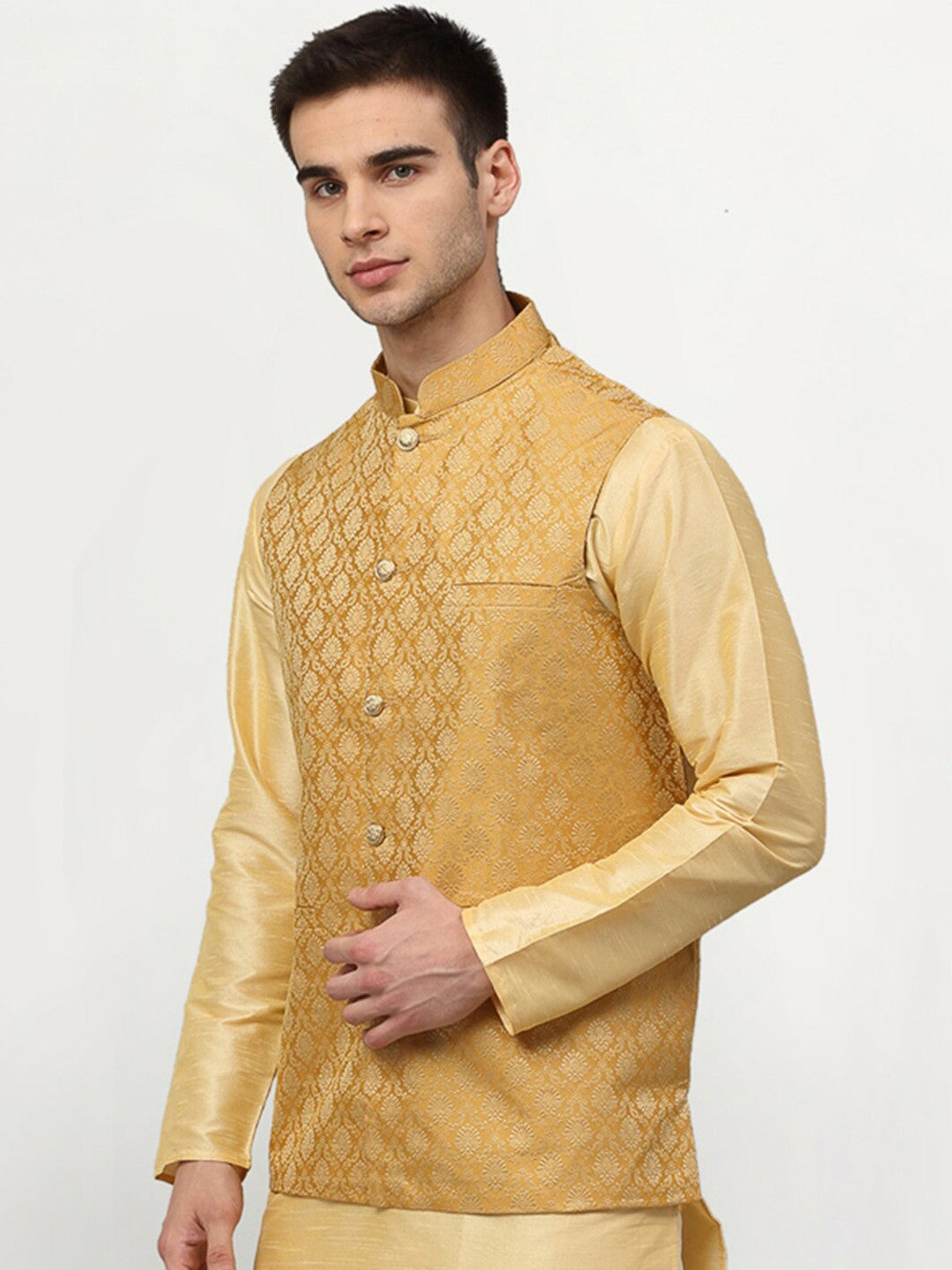 Men’s Gold Woven Design Nehru Jacket with Pocket Square