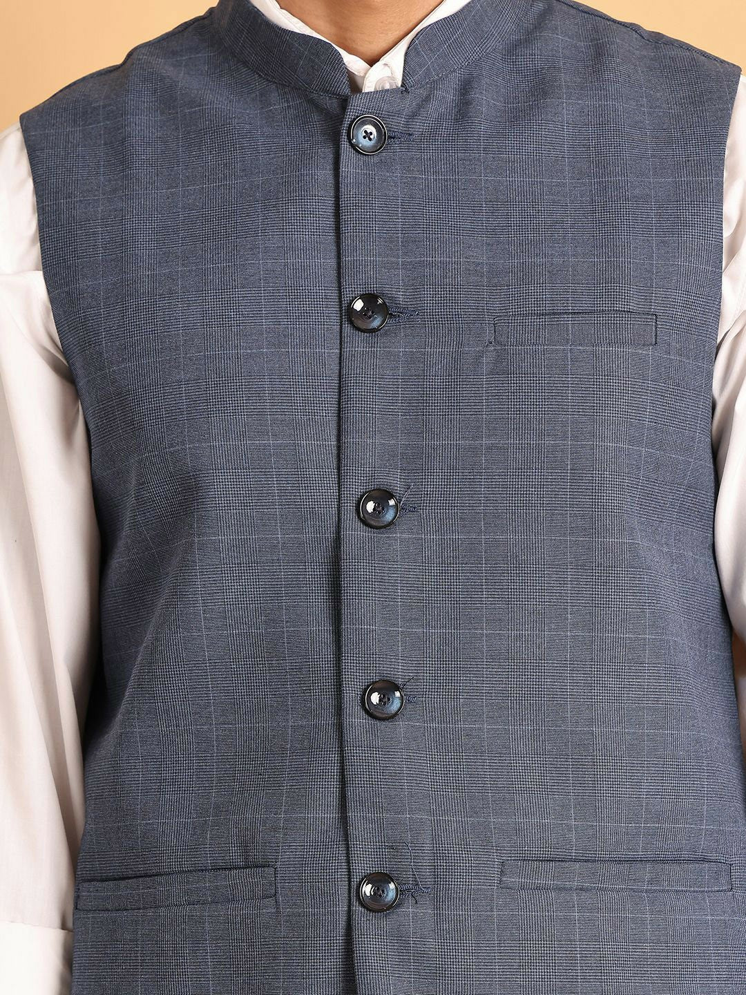 Refined Blue Check Nehru Jacket in Cotton for Men | Indiaista