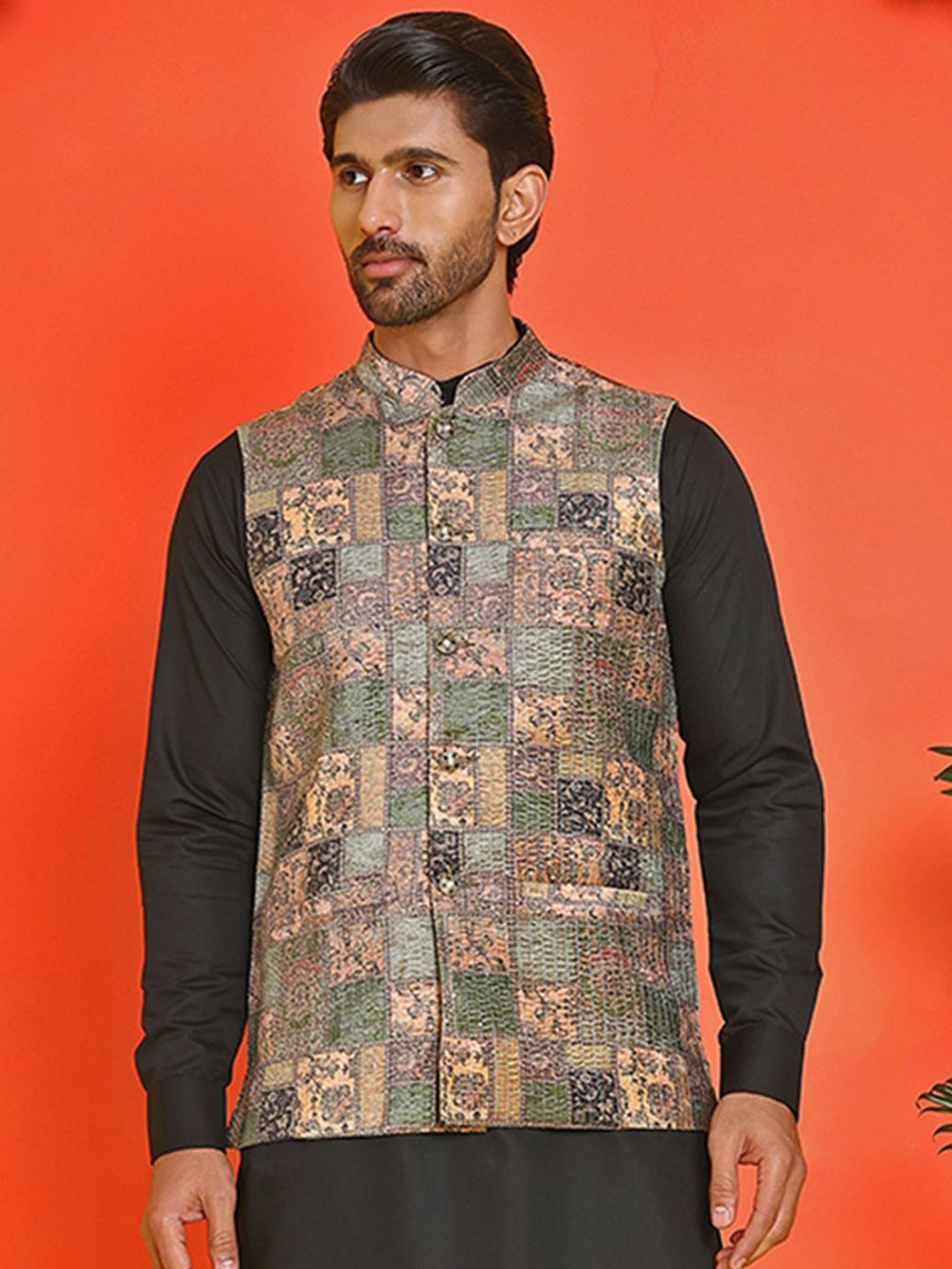 Men’s Peach Embroidered Nehru Jacket
