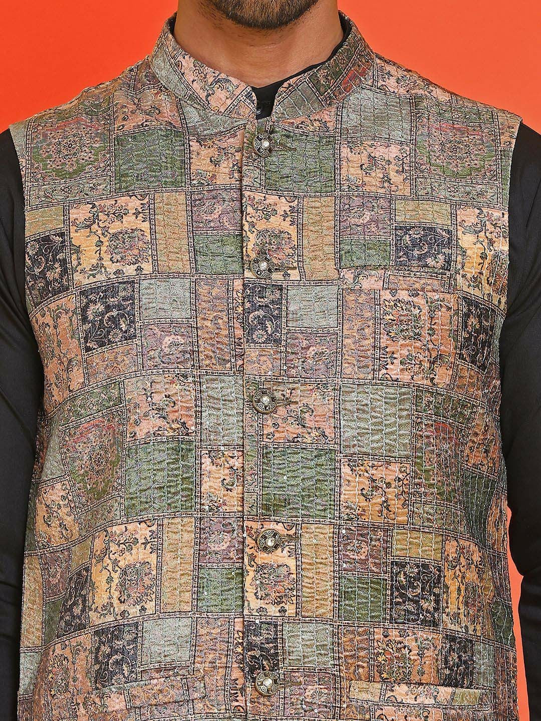 Men’s Peach Embroidered Nehru Jacket