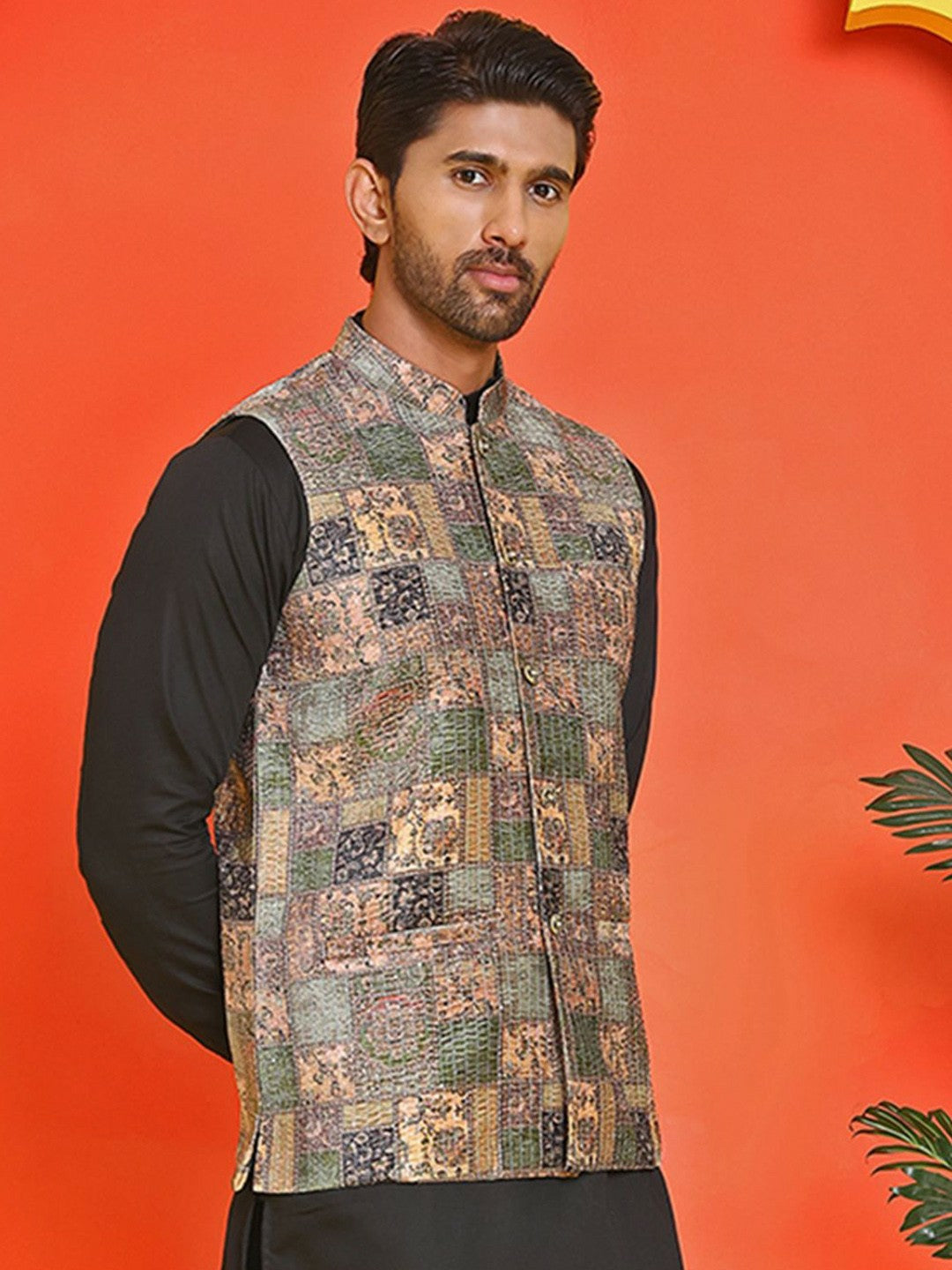 Men’s Peach Embroidered Nehru Jacket