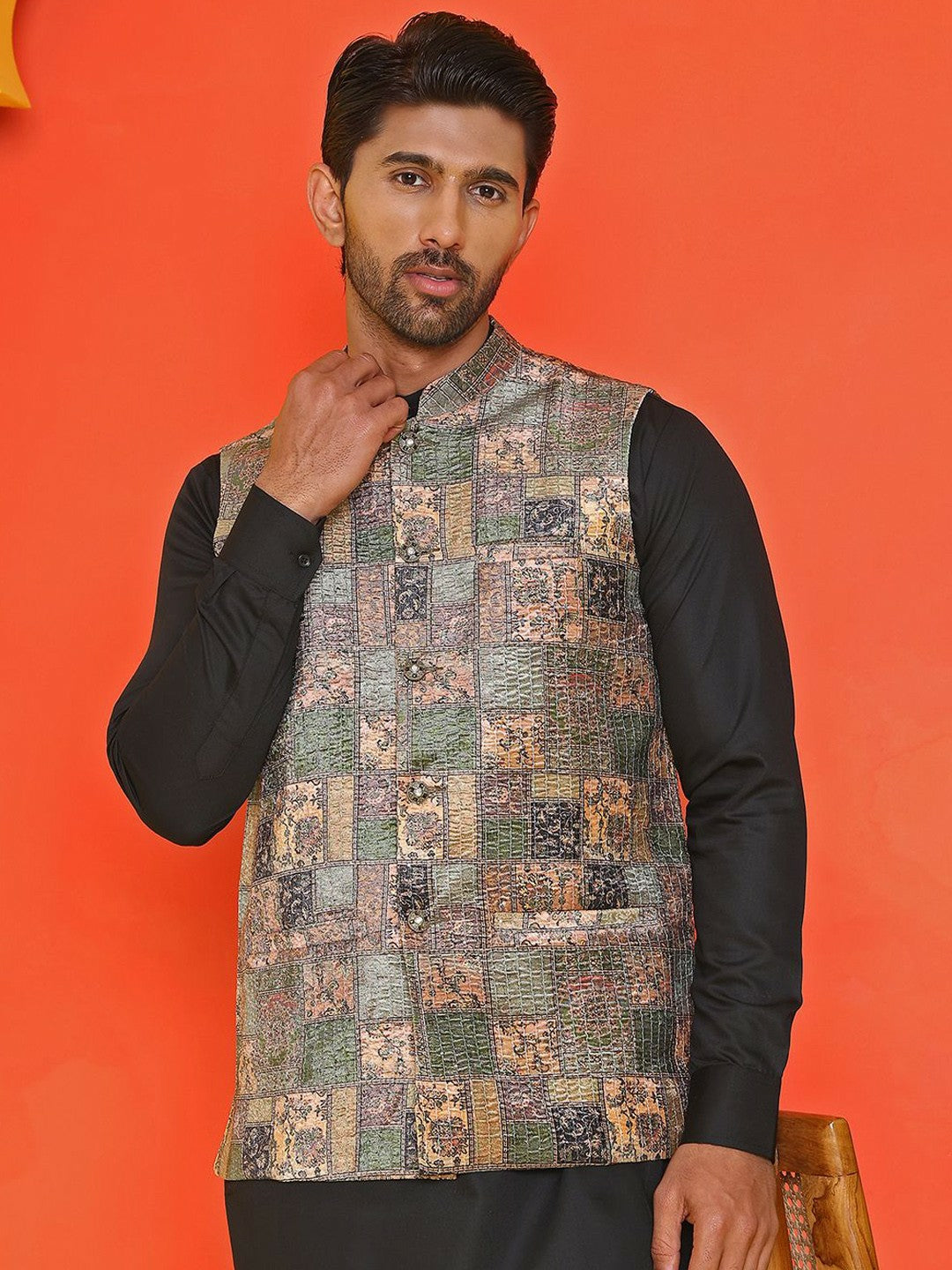 Men’s Peach Embroidered Nehru Jacket