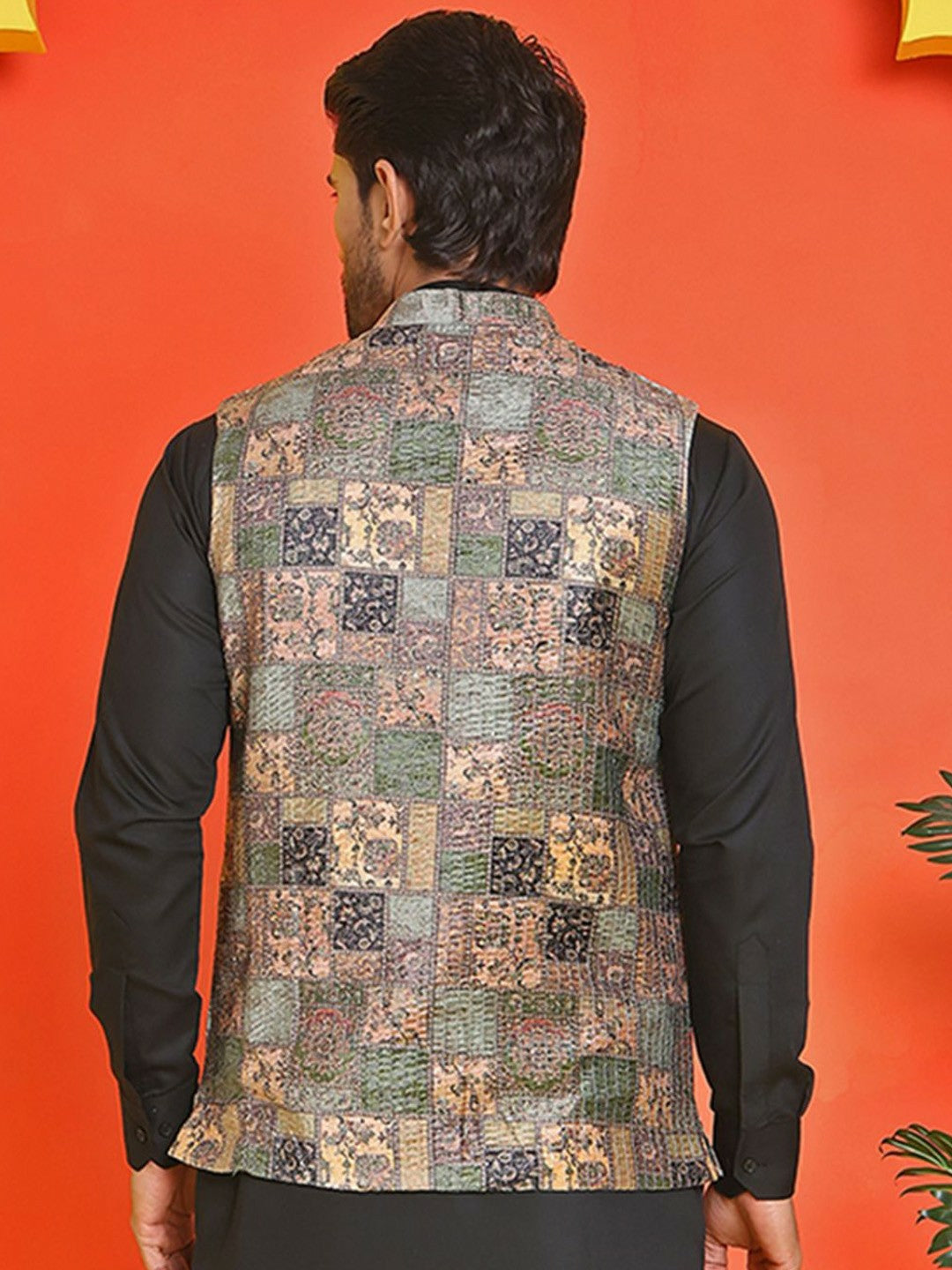 Men’s Peach Embroidered Nehru Jacket