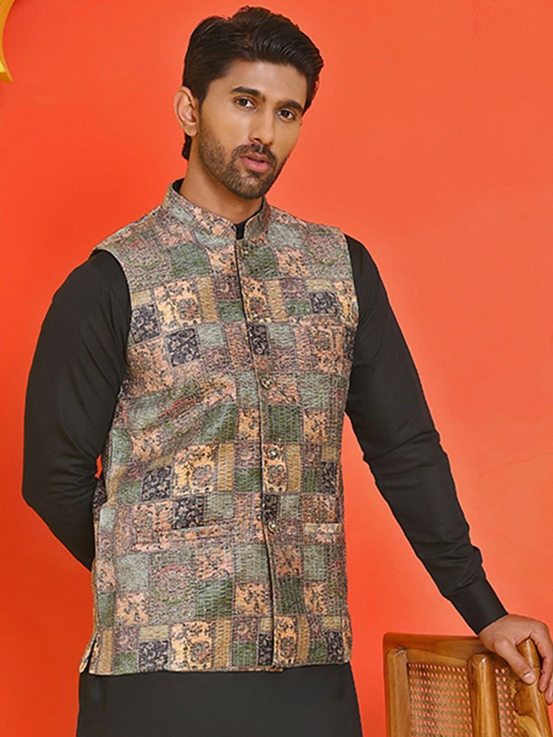 Men’s Peach Embroidered Nehru Jacket