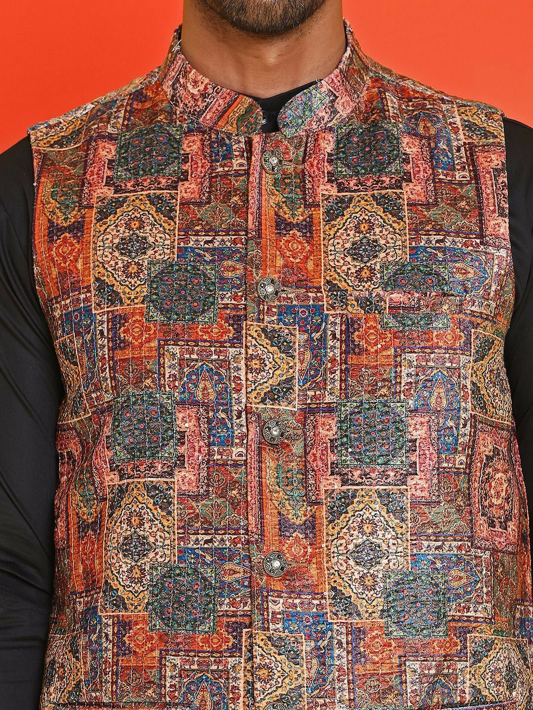 Men’s Peach Embroidered Nehru Jacket