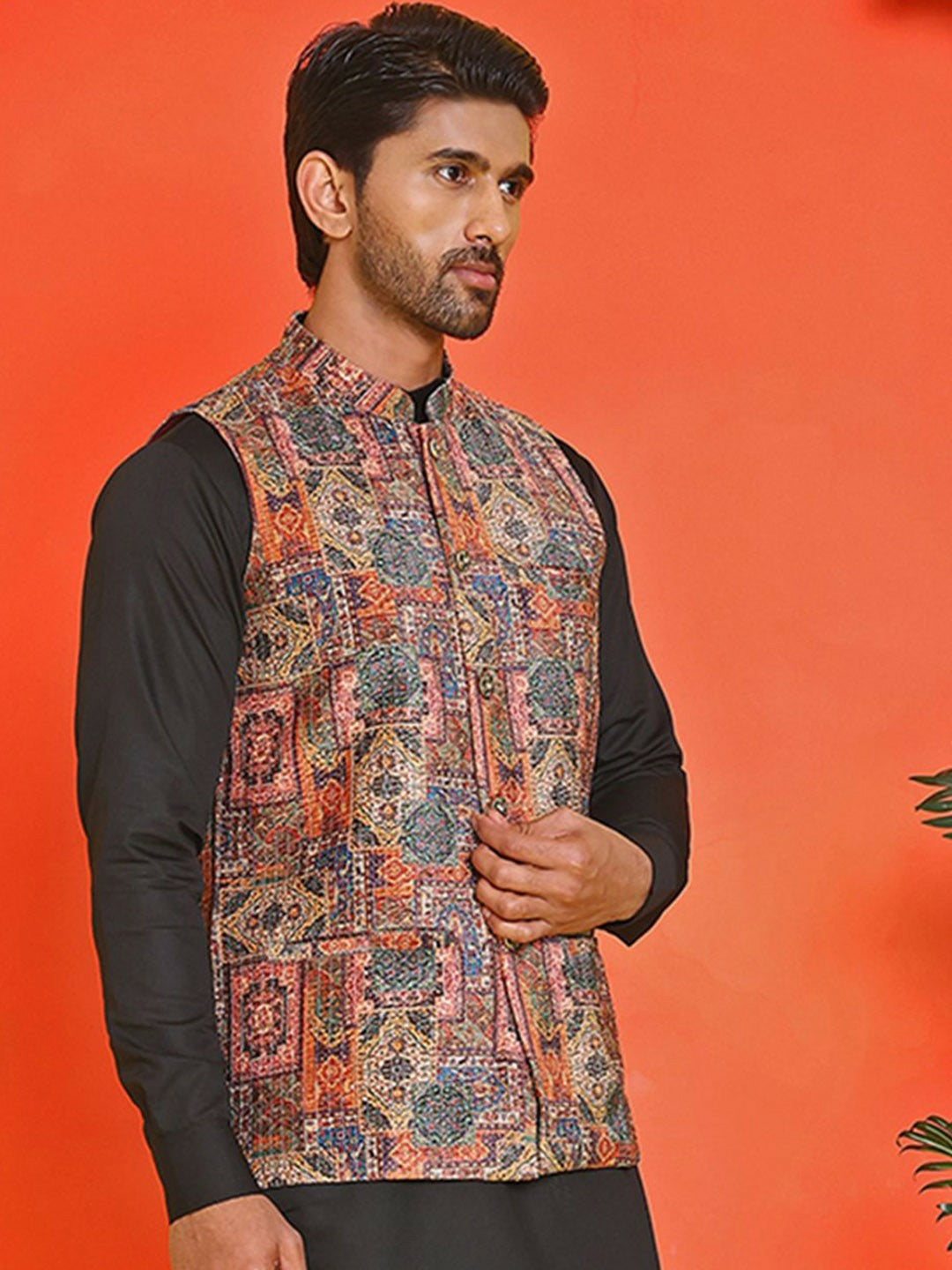 Men’s Peach Embroidered Nehru Jacket