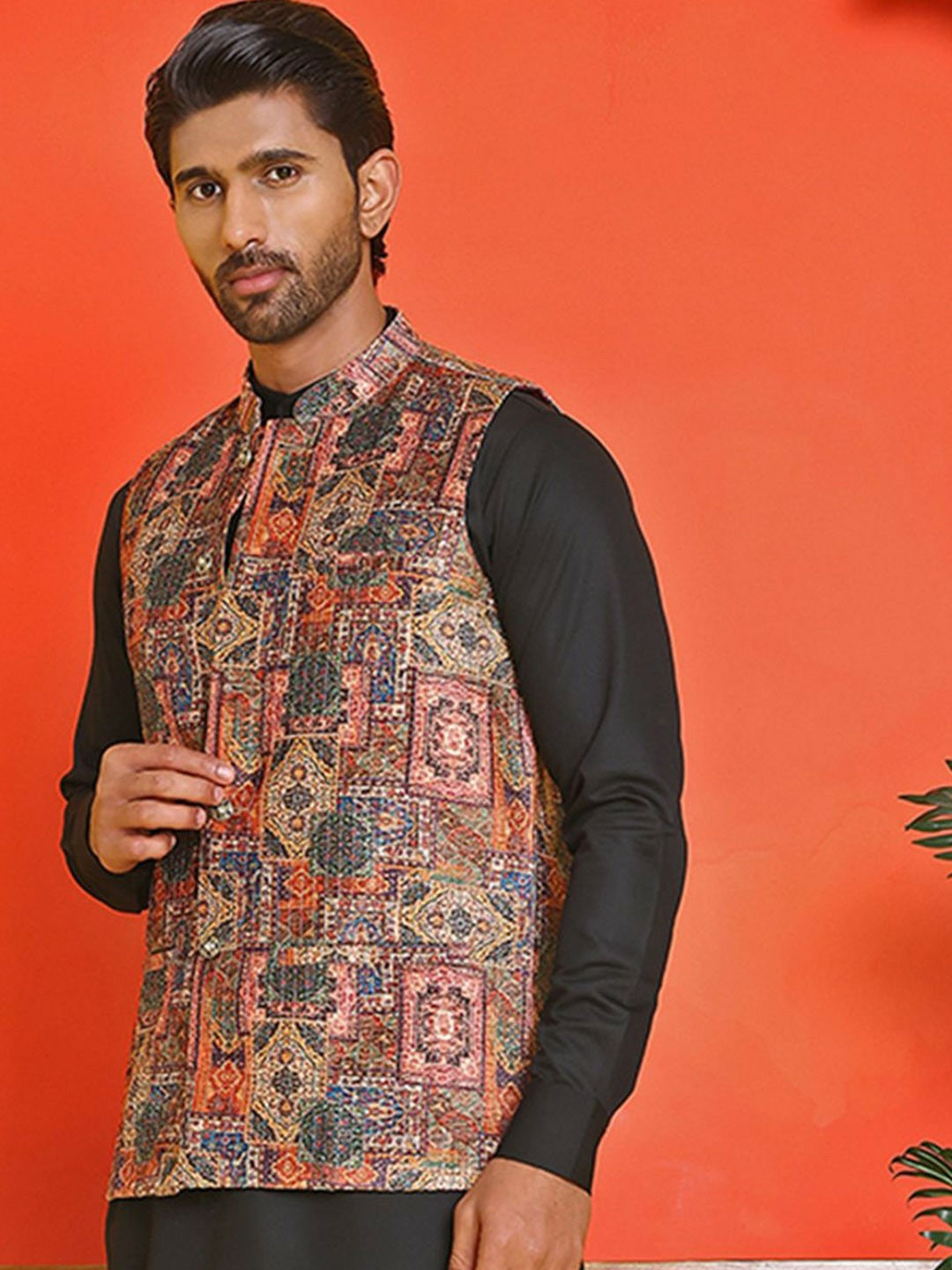 Men’s Peach Embroidered Nehru Jacket