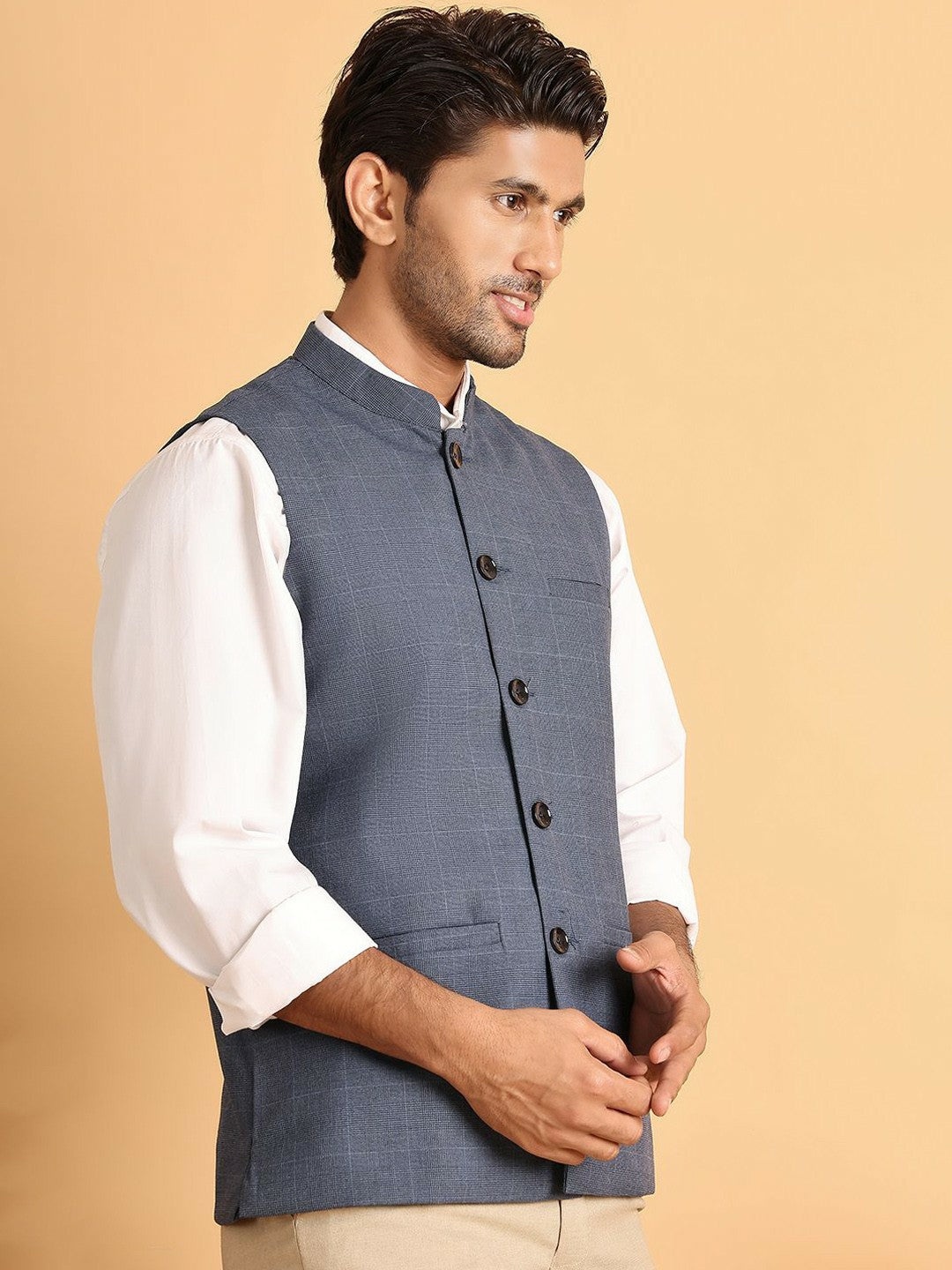 Refined Blue Check Nehru Jacket in Cotton for Men | Indiaista