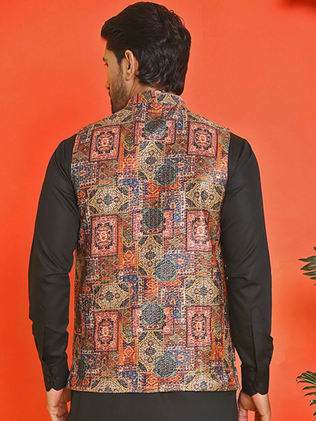 Men’s Peach Embroidered Nehru Jacket